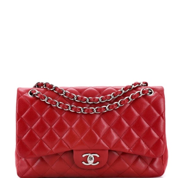 CHANEL Handbags - Chanel Classic Jumbo Double Flap Quilted Caviar Leather Shoulder Bag Red